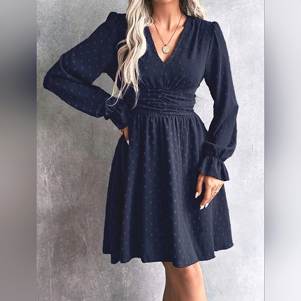 New Flowy Dot Long Sleeve Ruched Waist Short Dress Navy Blue